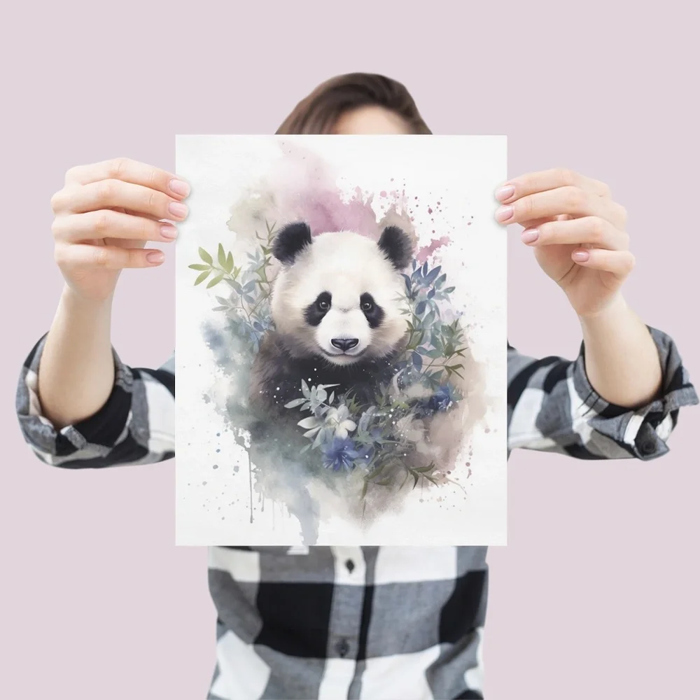 Watercolor Panda Bear With Flowers Portrait Wall Art Illustration Print Unframed - Picture 4 of 6